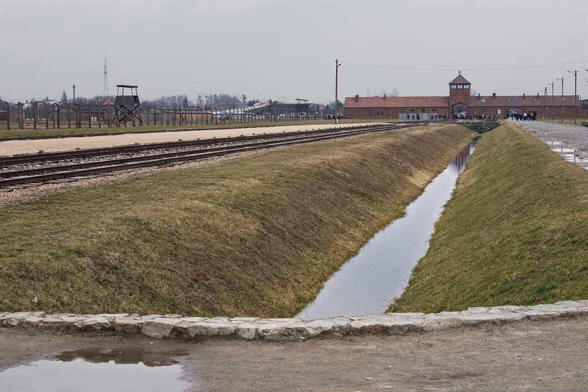 Auschwitz II-Birkenau 
 A typical view of the Auschwitz II-Birkenau (Po. Oswiecim) death camp taken from inside looking towards the railway entrance archway. 
 Keywords: Auschwitz II-Birkenau Death camps