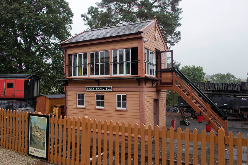 Arley signal box, ex Yornton (GW, 1878) 
 Arley signal box is a reproduction of the original structure located on the same spot that was closed in the summer of 1964. Ironically, the volunteers of the fledgling SVR demolished the old box during the early years of the railway's operations as they thought it unlikely that the tracks would ever be extended south from Hampton Loade! The superstructure of the box is from Yorton on the Crewe to Shrewsbury line whilst the internals came from a number of boxes including the long-closed Kidderminster Station and Severn Beach boxes. Along with Hampton Loade, Arley can be switched out when traffic on the line is light, definitely not the case on a day like today with an intensive gala timetable in operation! 
 Keywords: Arley signal box Yornton GW 1878