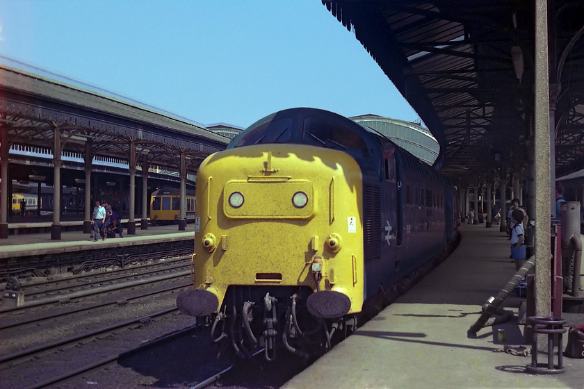 55003, unidentified Edinburgh-London-Kings Cross working, York station 
 Under a perfect blue sky, 55003 'Meld' pauses at York station working the 1E11 09.00 Aberdeen to King's Cross that the Deltic took over from Edinburgh. Notice the refurbished first-generation DMUs in the background. Interestingly, I stood in the same spot thirty-five years TO THE DAY taking a photograph of the natural successor to the Deltics, also, now in their final few years of service...how history repeats itself, see..... https://www.ontheupfast.com/p/21936chg/30013363170/x1-43299-gr-06-26-edinburgh-w-london 
 Keywords: 55003 unidentified Edinburgh-London-Kings Cross working York station