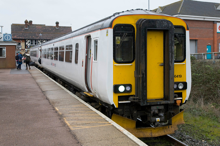 156419, LE 15.45 Norwich-Sheringham (2S24), Cromer station 
 My wife, son and I travelled back from Norwich to Sheringham on this unit, 156419. We left Norwich at 15.45 running as 2S24 with a reversal here at Cromer station for the final few miles parallel with the coast to Sheringham. 
 Keywords: 156419 15.45 Norwich-Sheringham 2S24 Cromer station Abellio Greater Anglia