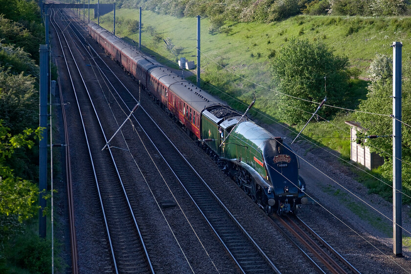 60009, return & final leg (Day 9!) of The Highlands and Islands Explorer, Edinburgh-Victoria (1Z80), New England bridge TL219796 
 Having had a lengthy layover in Connington loop a short distance north of this location at New England bridge, 60009 'Union of South Africa' is getting underway again leading the final leg (day nine!) of the epic Highlands and Islands Explorer charter. I was disappointed, having specifically chosen this location with its 1:200 gradient, to find that 60009 was producing very little exhaust. As it left the loops a little later than planned, the sun has also dropped rather low in the sky meaning that the loco. and stock is only partially illuminated. 
 Keywords: 60009 The Highlands and Islands Explorer Edinburgh-Victoria 1Z80 New England bridge TL219796 Union of South Africa