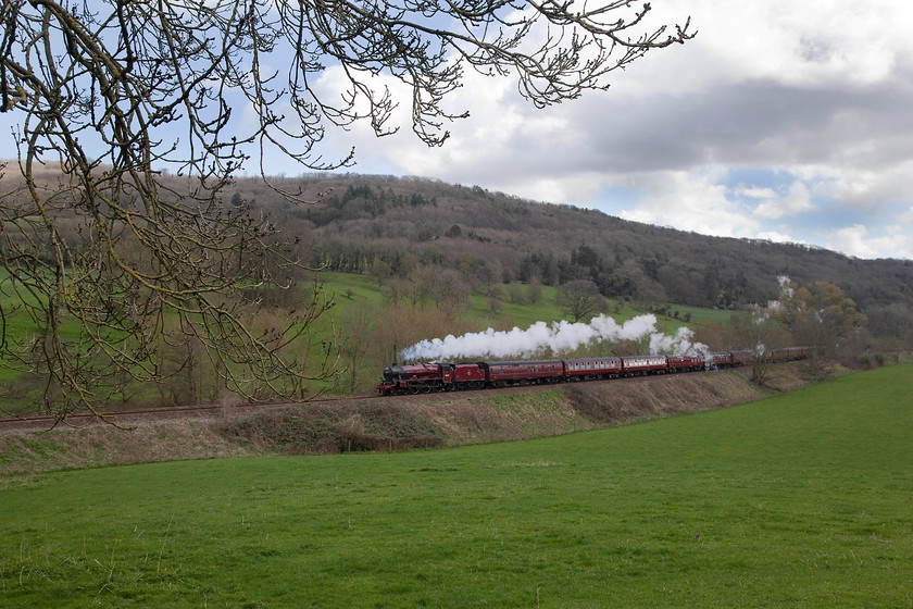 45699, outward leg of The Cathedrals Express, West Brompton-Gloucester (1Z53), Avon Valley ST782652 
 To make up for the sun diving behind a huge cloud, I decided at the last moment to add interest by framing the train with the tree. 45699 'Galetea' hauls The Cathedrals Express that started at West Brompton and would end up at Gloucester. It's seen passing through the stunning Avon Valley about two miles from Bathampton Junction where the line joins the GWML. 
 Keywords: 45699 The Cathedrals Express 1Z53 Avon Valley ST782652