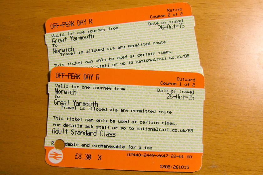 Tickets, Norwich-Great-Yarmouth-Norwich 
 My return tickets from Norwich to Great Yarmouth was 8.30. Proportionately a little more expensive maybe but great value when it is remembered that I enjoyed Class 37 haulage out and back; worth every penny! 
 Keywords: Tickets Norwich-Great-Yarmouth-Norwich