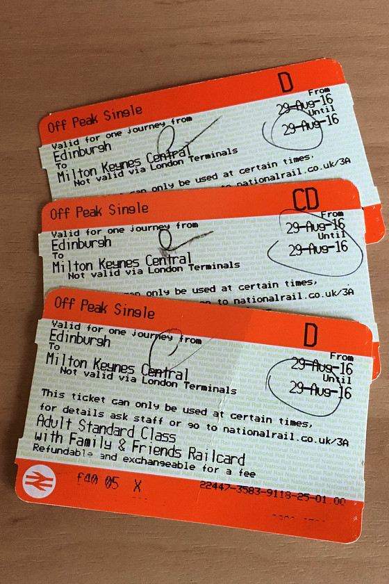 Tickets, Edinburgh Waverley-Milton Keynes central 
 Our tickets home from Edinburgh to Milton Keynes. A little more than the outward journey but still good value. Interestingly, there was no split-ticket saving for the return journey. 
 Keywords: Tickets Edinburgh Waverley-Milton Keynes central