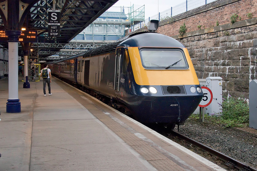 43181, SR 18.38 Aberdeen-Glasgow Queen Street (1T44, 1L), Dundee station 
 Not only were we lucky enough to have HST haulage from Perth to Dundee but also for the return journey! Here, 43181 (seen earlier in the afternoon at Luchars) arrives at Dundee station with the 18.38 Aberdeen to Glasgow Queen Street. Unlike the earlier train that we travelled out on, whilst the power cars were refurbished, the coaches were straight off the Great Western lines having had nothing done to them bar the removal if their branding. So they still had their somewhat tired interiors, non-closed emission toilets and slam doors with drop-lights....luxury! 
 Keywords: 43181 18.38 Aberdeen-Glasgow Queen Street 1T44 Dundee station