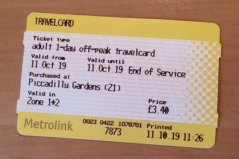 Travelcard, zones 1 & 2 
 My Metrolink travel card for zones one and two. At 3.40 it was good value affording me unlimited off-peak travel within the specified zones. The trams are frequent, clean offer excellent value. More of the UK's urban areas need to take note and re-introduce trams in an effort to ease their chronic traffic congestion and pollution issues. 
 Keywords: Travelcard zones 1 & 2