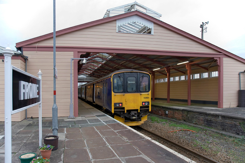 150926, GW 14.59 Frome-Warminster (2F95), Frome station 
 I saw and photographed 150926 a little earlier, see.... https://www.ontheupfast.com/p/21936chg/29343358204/x150926-12-42-gloucester-frome-warminster on its way into Frome at Berkely. Having had a fairly lengthy layover at Frome station it is just about ready to leave with the 14.59 service to Warminster via a reversal at Westbury. An interesting journey of some eleven rail miles that by road is a far more direct seven. The arrival and then subsequent departure from Warminster of this train will coincide with the commuting school children from the large Kingdown school near to the station that has many pupils attending from a wide part of West Wiltshire; I should know, I used to work there! 
 Keywords: 150926 14.59 Frome-Warminster 2F95 Frome station First Great Western