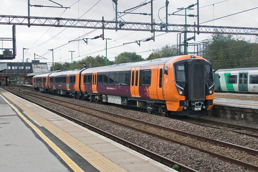 730011, 10.02 Bletchley CS-Bletchley (via Kilburn & Northampton) (5Q85, 2E), Northampton station 
 Whilst this unit will soon become part of the West Midlands Train operational fleet it will not be seen this far south being confined to the suburban West Midlands network around Birmingham replacing the Class 323s. Undergoing mileage accumulation and staff training 730011 is seen passing through Northampton as the 5Q85 10.02 Bletchley Carriage Sidings return working via reversals here at Northampton and also at Kilburn. 
 Keywords: 730011 10.02 Bletchley CS-Bletchley 5Q85 Northampton station