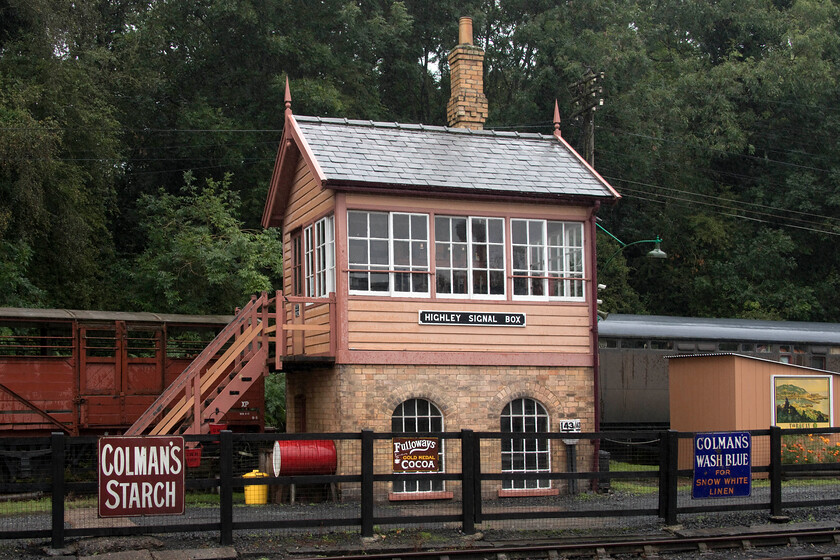 Highley signal box (GW, 1873) 
 Highley signal box is a little unusual as an example on a heritage line as it is actually pretty much original and as-built in 1873. When closed by BR in 1969 it survived the ravages of pilferers and vandals until acquired by the fledgling SVR in 1973 and was described by the railway as 'a virtually intact and working box together with all the original signals and associated track and point work'. It was simply serviced, painted and put into use and has been doing so ever since. Notice the one hundred and forty-three and a quarter milepost in front of the box indicating the distance from Paddington. 
 Keywords: Highley signal box GW