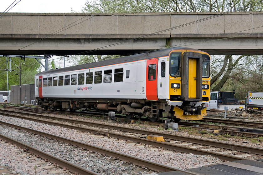 153332, ECS off Crown Point Depot, Wensum Junction 
 Looking smart in its Abellio Great Anglia livery 153332 comes off Crown Point depot after a short reverse move. Having been prepared by depot staff it then ran the short distance to Norwich station in a ECS move ready to work its next service, in this particular case the 12.05 to Lowestoft. 
 Keywords: 153332 ECS off Crown Point Depot Wensum Junction GA Greater Anglia