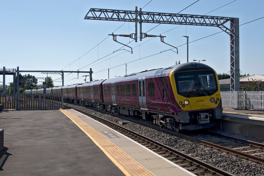 360101 & 360112, EM 10.15 London St. Pancras-Corby (1V19, 5L), Wellingborough station 
 360101 and 360112 arrive at Wellingbourgh's platform one with the 10.15 St. Pancras to Corby service. Once the preserve of the 'fast' trains this platform now is a multi-purpose one with stoppers (as is the case here) and non-stopping express'. Interestingly, the newly created platform four has usurped the old platform three that does not see that many stoppers except during peak times (whatever they may be now!) 
 Keywords: 360101 360112 10.15 London St. Pancras-Corby 1V19 Wellingborough station EMR East Midlands Railway Desiro