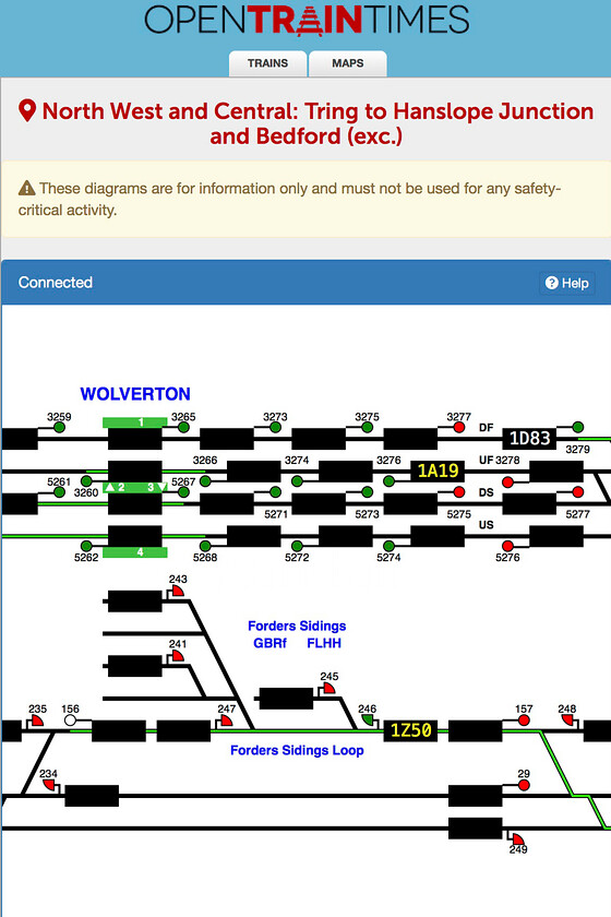 OpenTrainTimes screenshot, The Cappagh Capital Campaigner, Forders Sidings 
 Andy and I had planned to take our photographs of the 1Z50 The Cappagh Capital Campaigner as it took the crossovers into Forders Sidings from the Wooton Broadmeead level crossing. However, without local knowledge and on arrival at our chosen spot it became apparent that this was not going to be possible due to the angle of the crossing gates and the inevitable and rampant lineside growth. Therefore, we had to make do with watching events unfold on our 'phones on OpenTrainTimes from our alternative location near Lidlington. 1Z50 is seen having left the 'mainline' and into the Forders Sidings loop. 
 Keywords: OpenTrainTimes screenshot The Cappagh Capital Campaigner Forders Sidings