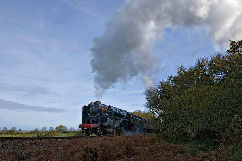 92203, 10.30 Sheringham-Holt, Weybourne woods TG115418 
 Having observed the 10.30 Sheringham to Holt train hauled by 9F 92203 'Black Prince' arrive at Weybourne station I quickly walked to the west of the station to grab another photograph of it leaving and commencing the climb of Kelling bank. Unfortunately, I had not bargained for it being in the shade thinking that the sun would have been a little higher in the sky. I rapidly opted for this more unusual wide-angled view to expose the sky and the sea correctly and to include the towering exhaust. I then spent some time in Photoshop bringing the detail back to the locomotive and the lovely foreground largely made up of the bracken (Pteridium) dying back displaying its superb autumn colour. 
 Keywords: 92203 10.30 Sheringham-Holt Weybourne woods TG115418 9F Black Prince