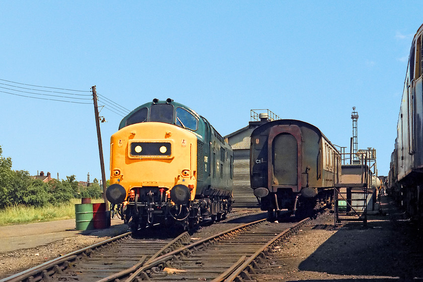 37197, stabled, Sever Tunnel Junction MPD 
 My mates and I made the short journey from Bristol, under the River Severn to Severn Tunnel Junction. As it was a Saturday, the depot was full of locomotives and not a single member of staff appeared to be around. Way before CCTV and palisade fencing we took the opportunity for an unofficial depot visit! With a long line of engines to the right 37197 is seen basking in the afternoon sun. It looks very smart and as if it has just come from overhaul. It was initially a north east class 37 but moved to Cardiff in 1984. 37197 lived on into the privatisation era becoming a DRS blue compass locomotive and gaining the name 'Loch Laidon'. Its final incarnation was as one of the Royal Scotsman engines and was withdrawn in 2012 and cut up at EMR Kingsbury.