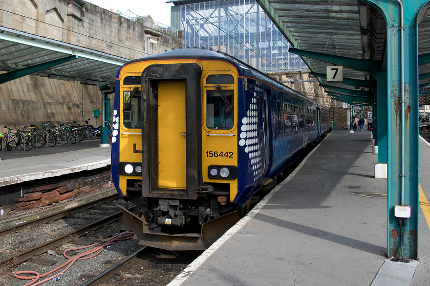 24. 156442, SR 17.21 Carlisle-Dumfries (2L12, 2E), Carlisle station 
 Carlisle is an interesting station from the point of view of the wide variety of operators that use it. One of these operators is ScotRail with Carlisle being the furthest south that they operate with trains going to and from Glasgow Central and Dumfries via Glasgow and South Western Railway route. Having arrived earlier from Dumfries, 156442 waits in the north-facing bay platform to return at 17.21 with the 2L12. 
 Keywords: 156442 17.21 Carlisle-Dumfries 2L12 Carlisle station