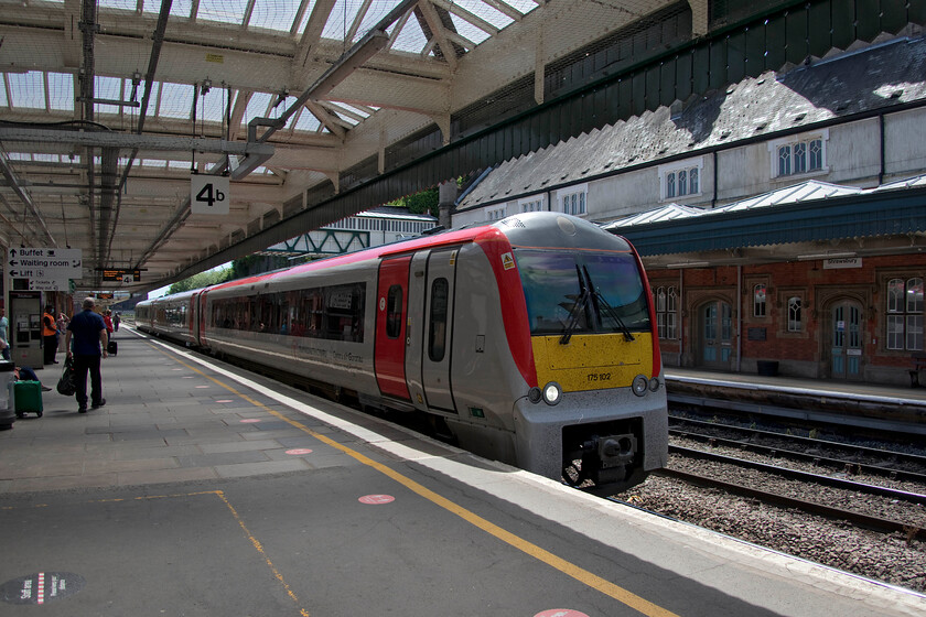 175102, AW 09.00 Carmarthen-Manchester Piccadilly (1W56, 9L), Shrewsbury station 
 For so many reasons Shrewsbury ranks highly in my top ten of stations. It's constructed in a delightful mock Tudor style that was completed at the start of the twentieth century expanding the size of the original 1848 structure. The next train of our tour of the West Midlands arrives at platform four that will take Andy and me to Crewe. Our journey on 175102 was taken on a pair of Two Together discounted off-peak singles as this route was not part of our West Midlands Ranger route. The journey was through delightful Cheshire countryside on board a comfortable and roomy train, the only criticism that I have of which was that it was over-air-conditioned! Interestingly, these units are due for withdrawal from this route and coming off-lease next year as new stock is introduced. One wonders if and where they have a future?

Journey score 8/10 
 Keywords: 175102 09.00 Carmarthen-Manchester Piccadilly 1W56 Shrewsbury station Transport for Wales Rail Services