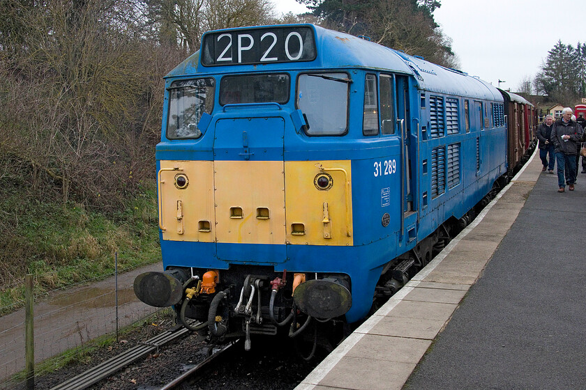 31289, 14.00 Pitsford & Brampton return, Pitsford & Brampton station 
 Wearing its 2P20 reporting number 31289 'Pheonix' is seen at Pitsford and Brampton station ready to work the 14.00 return 'mince pie special'. The headcode chosen is for an 'ordinary passenger train, mixed train, or breakdown train or snow plough not going to clear the line' but I cannot find out what the P would refer to here in Northamptonshire (BR Midland Region), local advice anybody? 
 Keywords: 31289 14.00 Pitsford & Brampton return Pitsford & Brampton station