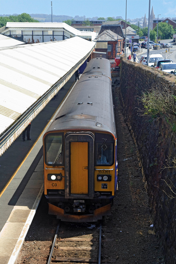 153361 & 153382, GW 12.20 Truro-Falmouth Docks (2F77, RT), Truro station 
 153361 and 153382 wait in the bay platform five at Truro station ready to work the 12.20 to Falmouth Docks. This eleven mile branch is busy with a regular return service throughout the day. Falmouth is famous for it docks and MOD presence but also Pendennis Castle that gave its name to the GWR 1924 built 4-6-0 number 4079. 
 Keywords: 153361 153382 2F77 Truro station