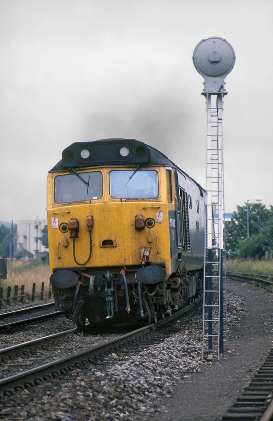 50021, 08.23 Barnstable-London Waterloo (1O23), approaching Salisbury tunnel 
 A dramatic photograph of a Class 50 at full chat! 50021 'Rodney' makes what should be a relatively easy job of climbing away from Salisbury towards Fisherton tunnel leading the 08.23 Barnstable to Waterloo service. Just beyond the tunnel (a short distance behind me) the train would take the London route at Salisbury Tunnel Junction as it heads towards the capital. The locomotive is just passing the up banner repeater signal for the Salisbury Tunnel Junction home bracket signal that itself is some distance from the junction and signal box which is not absolutely ideal! 
 Keywords: 50021 08.23 Barnstable-London Waterloo 1O23 approaching Salisbury tunnel Rodney