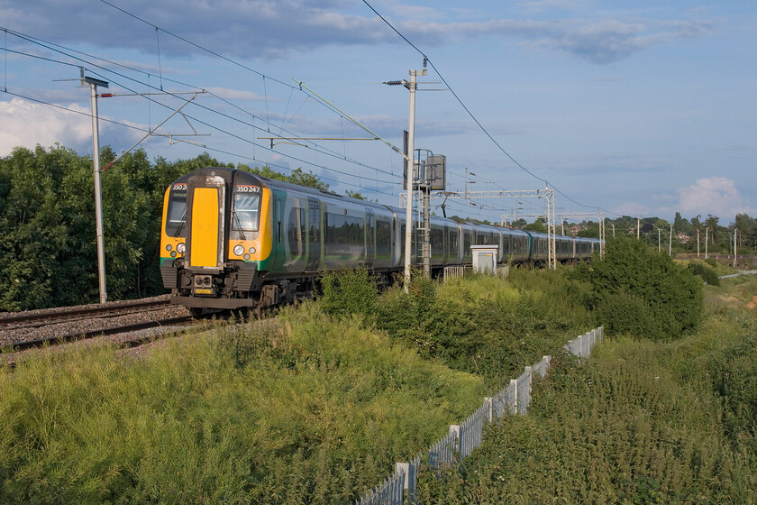 350247 & 350234, LN 18.26 London Euston-Birmingham New Street (1Y65, 2L), Wilson's Crossing 
 Having photographed an earlier northbound London Northwestern service at the same spot I have done the same thing but this time it is the full evening sunshine rather than previously. 350247 and 350234 (both due to be retired from this route soon) pass Wilson's crossing working the 1Y65 18.26 Euston to Birmingham New Street service. This previously superb open spot is in danger of being spoilt by lineside vegetation growth unless Network Rail get trackside with their strimmers! 
 Keywords: 350247 350234 18.26 London Euston-Birmingham New Street 1Y65 Wilson's Crossing London Northwestern Desiro