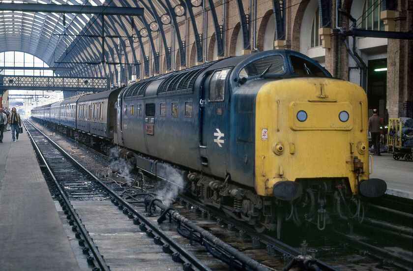 55017, 12.34 Hull-London King's Cross (1A18), London King's Cross station 
 Standing on the blocks at platform one at King's Cross 55017 'The Durham Light Infantry' rests after arrival with the 1A18 12.34 from Hull. After returning to Finsbury Park for servicing 55017 then worked the 1S72 22:30 King's Cross to Edinburgh sleeper later in the evening. 
 Keywords: 55017 12.34 Hull-London King's Cross 1A18 London King's Cross station The Durham Light Infantry