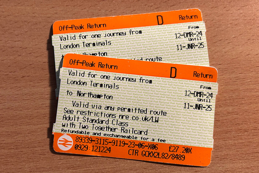 Tickets, London Euston-Northampton 
 Our return tickets from Euston to Northampton are seen. For a change, there was a full ticket inspection during the journey back from London including a request to view our Two Together railcard which is something that very rarely occurs. 
 Keywords: Tickets London Euston-Northampton