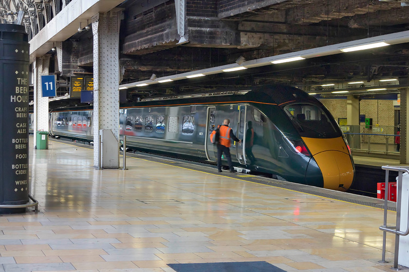 800020, unidentified ECS working, London Paddington station 
 My first view of a class 800 in service taken at Paddington. The driver has just brought 800020 into Paddington's platform 11 working as an unidentified ECS working. The more I see of these brand new trains, the more I am not sure about their colour scheme? I suspect that it was envisaged as being a classic colour in keeping with the best traditions of the Great Western Railway, but I am not convinced. 
 Keywords: 800020 ECS London Paddington station