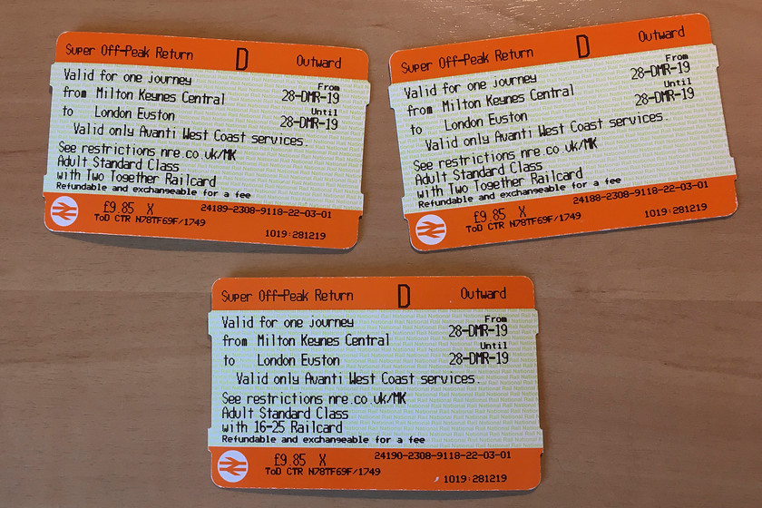 Tickets, Milton Keynes Central-London Euston 
 Our super off-peak single tickets were fair value but positively cheap when compares to the best fare that we could get with London NorthWestern from Northampton! I simply do not understand the huge variation in fares for very similar journies and how they change from day to day! 
 Keywords: TicketsMilton Keynes Central-London Euston