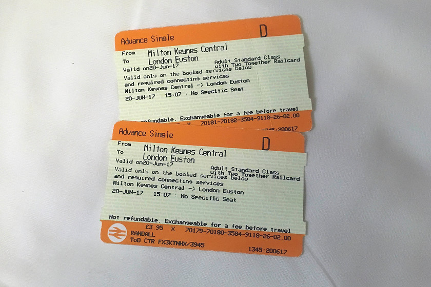 Tickets, Milton Keynes Central-London-Euston 
 The tickets from Milton Keynes to Euston for the first leg of our trip, 3.95 each seems ludicrously cheap, yes they were off-peak advanced singles with a two together card but even so!