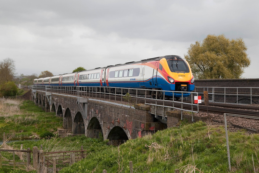 222006, EM 09.29 Sheffield-London St. Pancras (1C30, 1E), Radwell Viaduct TL008569 
 222006 'The Carbon Cutter' crosses Radwell viaduct with the 09.29 Nottingham to St. Pancras. There are actually two viaducts here separated by a short gap. The parapets of the second viaduct, that carries the up and down slow lines, can be seen standing slightly higher in the background. 
 Keywords: 222006 1C30 Radwell Viaduct TL008569