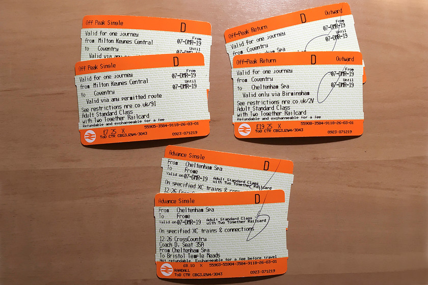 Tickets, Milton Keynes Central-Frome 
 Our tickets from Milton Keynes to Frome. The cheapest way was to split the tickets travelling via Birmingham New Street and Bristol Temple Meads. This one hundred and seventy-three miles journey worked out to be twenty pence per mile, not the best value on the network but infinitely cheaper than going via London. 
 Keywords: Tickets Milton Keynes Central-Frome