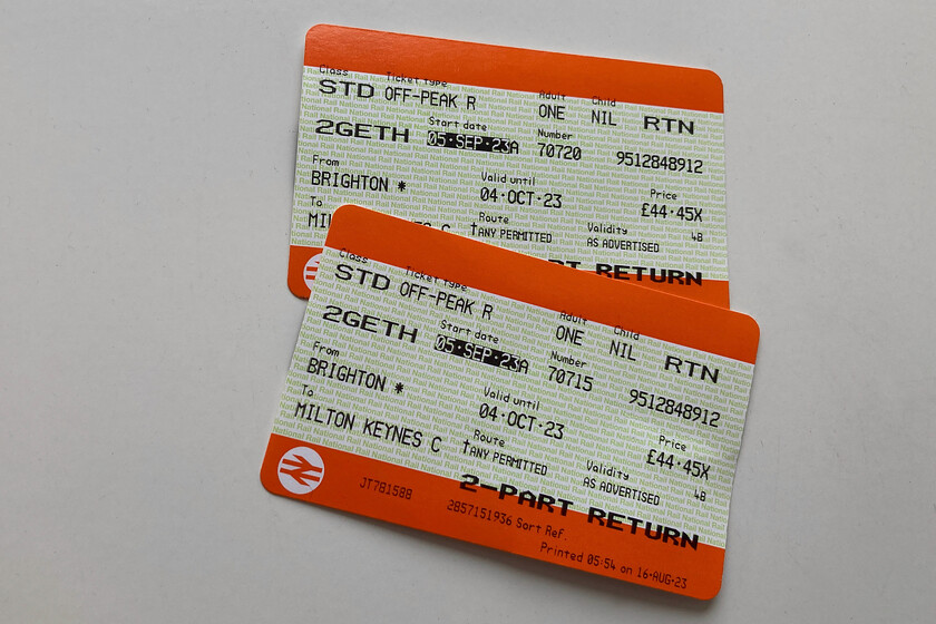 Tickets, Brighton-Milton Keynes Central 
 Our return tickets from Brighton to Milton Keynes are seen. I have a confession here.....we realised with horror after we had arrived home that our two together card had just expired whilst were away on our short break. Note to self, set up a reminder on my 'phone when we renew it! 
 Keywords: Tickets Brighton-Milton Keynes Central