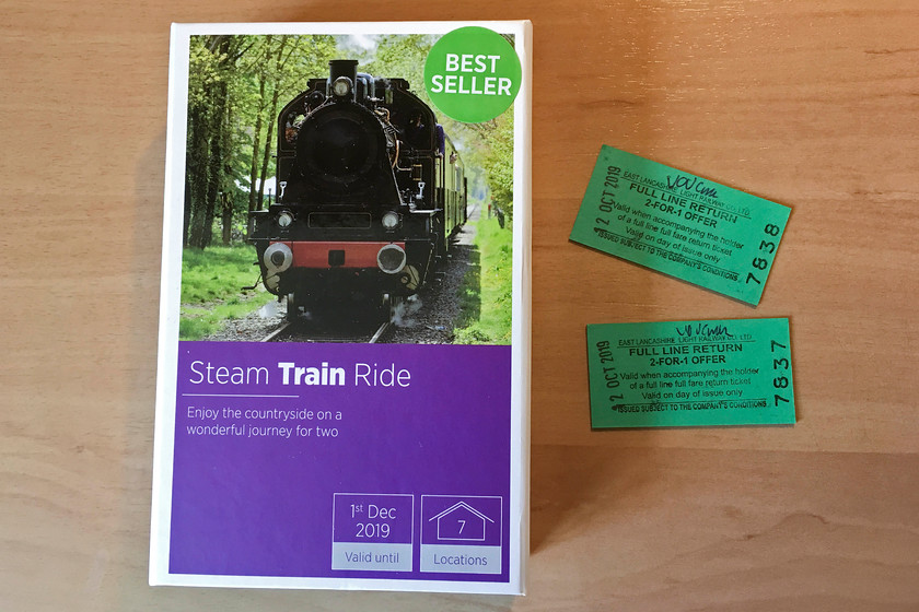 Tickets & voucher pack, ELR 
 This was the main reason for our visit to the north-west. I was given a steam train ride experience voucher pack for my birthday back in May. It took until October for us to take advantage of it on the East Lancs. Railway! We had a good day out but found that the steam train services were too crowded. Whist I applaud the high levels of patronage they are obviously enjoying, they must be aware that some visitors may be put off if the services become more like a daily commuter train! 
 Keywords: Tickets voucher pack ELR East Lancs Railway