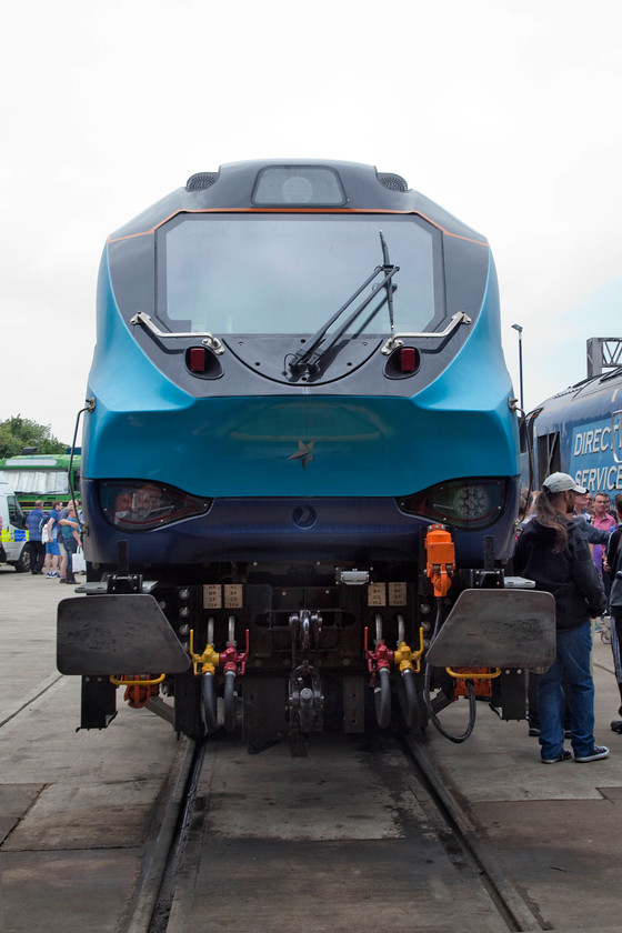 68019, on-display, DRS Open Day, Gresty Bridge 
 In TransPennine Express vinyls, 68019 'Brutus' looks very odd with no yellow on the front end. Due to a change in the regulations relating to GM/RT2131, the Audibility and Visibility of Trains, new locomotives with a certain headlamp configuration do not require yellow fronts. Have a look at the new regulations, it's great bedtime reading! Needless to say, all existing stock will stay as it is but, as more new trains come on-stream and older stock is withdrawn, the number of yellow front ends will decline. 
 Keywords: 68019 DRS Open Day, Gresty Bridge