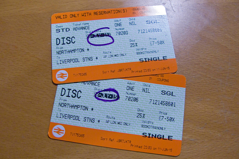 Tickets, Northampton-Liverpool Lime Street 
 Our outward single tickets from Northampton to Liverpool. At 7.50 each this is superb value at 0.6p/mile. If you are flexible with your time of travel and are not bothered about the length of time taken to complete the journey, there are some good value tickets out there. However, should it be like this and should you have to search for them using inside knowledge? 
 Keywords: Tickets Northampton-Liverpool Lime Street