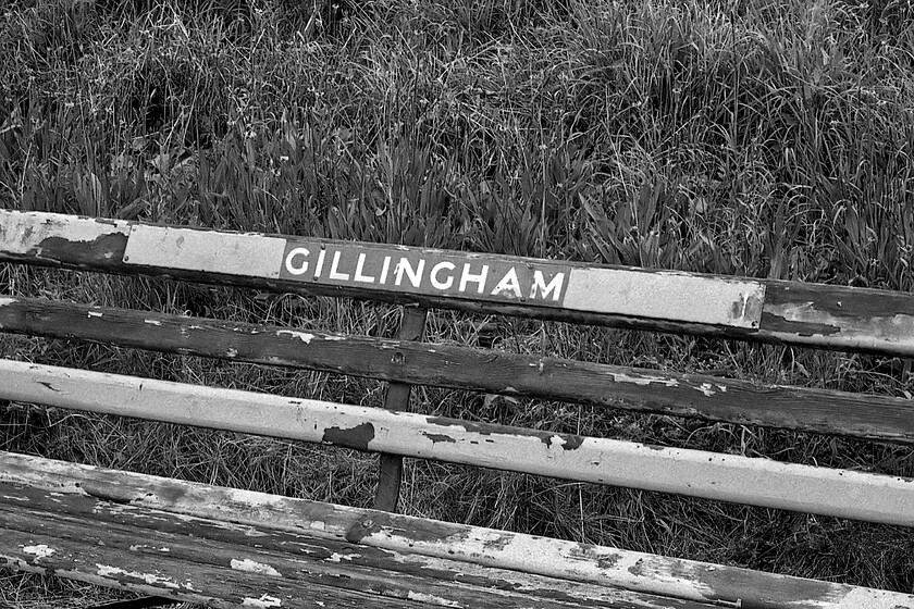 Former SR enamel, Gillingham station 
 A further piece of interesting infrastructure on Gillingham station. The small enamel attached to the seat back indicates the station's name but notice the length of the previous notice that would have originally have said Gillingham - Dorset to avoid arriving passengers being confused with the town of the same name in Kent. 
 Keywords: Former SR enamel Gillingham station