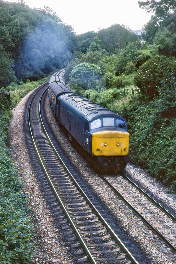 46013, 14.02 Newquay-Birmingham New Street (1M31), Wrigwell bridge, Dainton 
 With three people undertaking some window leaning and enjoying the soundtrack of 46013 toiling up the western side of Dainton bank, it approaches the summit about to pass under Wrigwell bridge. The Class 46 was leading the 14.02 Newquay to Birmingham New Street service that was composed entirely of Mk.I stock as were most of the Newquay services. 
 Keywords: 46013 14.02 Newquay-Birmingham New Street 1M31 Wrigwell bridge Dainton