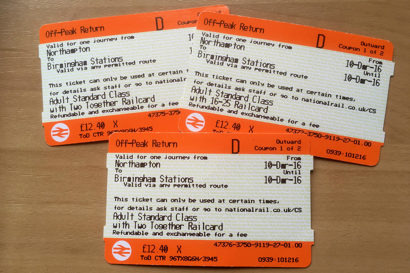 Tickets, Northampton-Birmingham New Street 
 Our tickets from Northampton to Birmingham New Street, at 37 for three advanced tickets with railcards, this is not the cheapest journey that we have undertaken. 
 Keywords: Tickets Northampton-Birmingham New Street