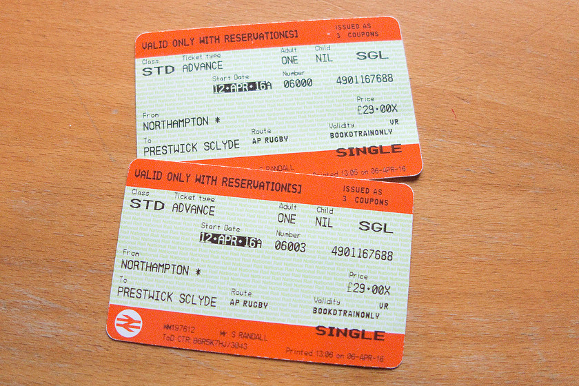 Tickets, Northampton-Prestwick (Tickets returned for refund) 
 Our un-used tickets that were returned for a partial refund. I really cocked up on this occasion, completely misunderstanding the time that we had to be at Rugby to catch the Glasgow train.