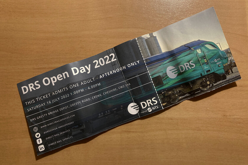 Ticket 
 Another super and well-desingned ticket for DRS' 2022 open day at Crewe's Gresty Bridge depot. I think that the post 13.00 entry ticket meant that there were far fewer people as it certainly felt a lot quieter and less frenetic than usual. Mike and I had a smashing day out that included a very agreeable ice cream while looking at all the locomotives on show; here's to next year! 
 Keywords: ticket