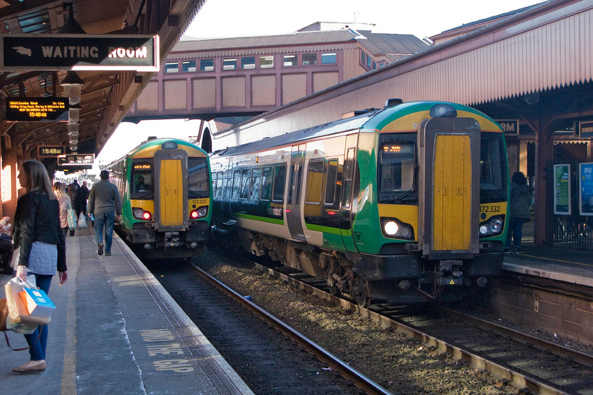 172222, LM 14.52 Worcester Shrub Hill-Whitlocks End (2S96) & 172332, LM 14.52 Stratford-on-Avon-Stourbridge Junction (2W82), Birmingham Moor Street station 
 A busy late afternoon scene at Birmingham Moor Street station as trains arrive taking shoppers home after some hard spending around the city centre! To the left, 172222 waits with the 2S96 14.52 Worcester Shrub Hill to Whitlocks End whilst 172332 pauses at platform two with the 2W82 14.52 Stratford-on-Avon to Stourbridge Junction train. 
 Keywords: 172222 14.52 Worcester Shrub Hill-Whitlocks End 2S96 172332 14.52 Stratford-on-Avon-Stourbridge Junction 2W82 Birmingham Moor Street station