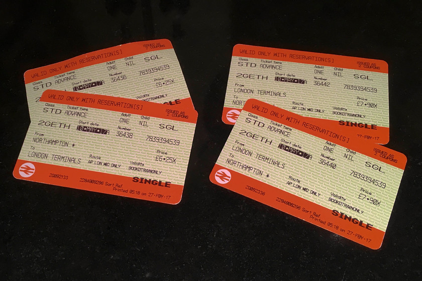 Tickets, Northampton-London Euston-Northampton 
 Out tickets for the day, 29 return for the two of is not too bad but that is including our two-together discount.