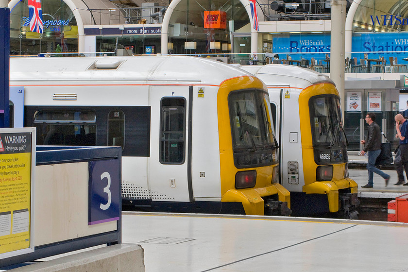 465160, SN 12.55 London Victoria-Orpington (2M60) & 466036, SN 12.52 London Victoria-Ashford International (2N36), London Victoria station 
 The front-end design of the Networkers is not the most attractive with their somewhat incongruous glass-fibre nose cones. However, their large curved windscreens should ensure the excellent forward vision for the driver. At the stops at Victoria, two units wait having arrived with services from the south-east. To the left, is 465160 that has worked the 12.55 from Orpington and to the right is two-car 466036 that worked the 12.52 from Ashford International. 
 Keywords: 465160 12.55 London Victoria-Orpington 2M60 466036 12.52 London Victoria-Ashford International 2N36 London Victoria station Networker South East