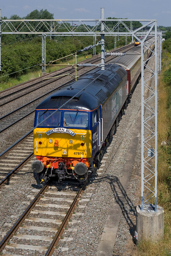 47810, outward leg of The Northern Belle, 07.07 Liverpool Lime Street-Kensington Olympia (1Z52), Bradwell SP831391 
 I had seen nothing on the usual sites about this particular Northern Belle charter but had been monitoring its progress via various postings from fellow enthusiasts. All I do know is that it was the 07.07 Liverpool to Kensington Olympia charter led by DRS' 47810 'Peter Bath MBE 1927-2006'. If anybody has any information on this particular working please do get in contact with me. 
 Keywords: 47810 The Northern Belle 07.07 Liverpool Lime Street-Kensington Olympia 1Z52 Bradwell SP831391 DRS Direct Rail Services Peter Bath MBE 1927-2006