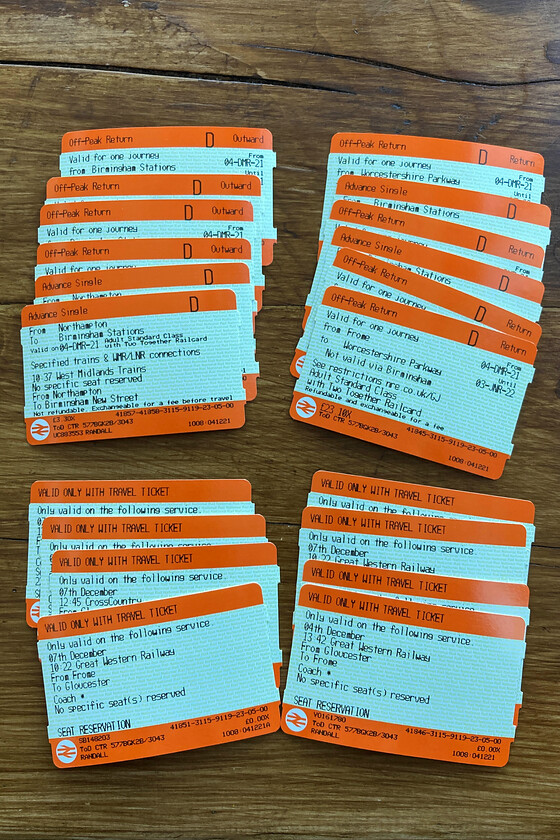 All the return tickets 
 I always try to use split ticketing where possible as it does offer some impressive savings. However, this photograph illustrates the problem that can result, the number of tickets required. Having just printed the tickets at Northampton station, a process that in itself took some time to complete, the number required for the split journey is a little silly! Admittedly, some of these tickets are for the reservations but why these cannot be on the actual travel ticket I have never understood?