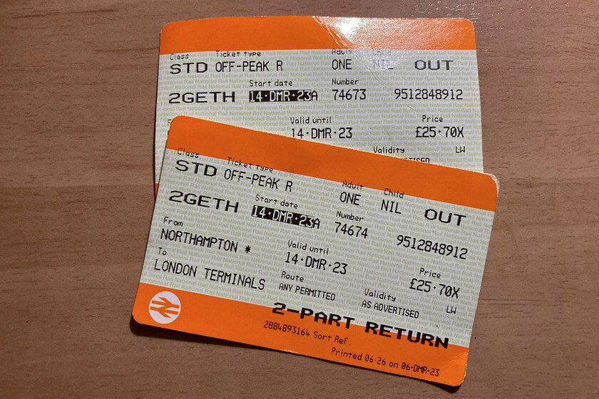 Tickets, Northampton-London Euston 
 As per our previous trip to London, the fare for our off-peak return tickets was just over 25 each. It will be interesting to see what this price will be next time after the New Year fare increase has come into play. 
 Keywords: Tickets Northampton-London Euston