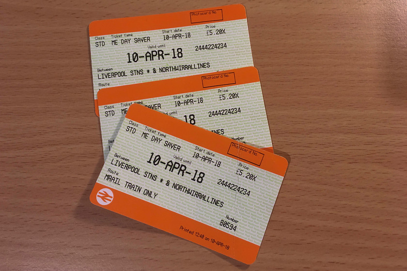 Tickets, Liverpool Central-West Kirby-Liverpool Central 
 Our return tickets for our out and back journey from Liverpool central to West Kirby.