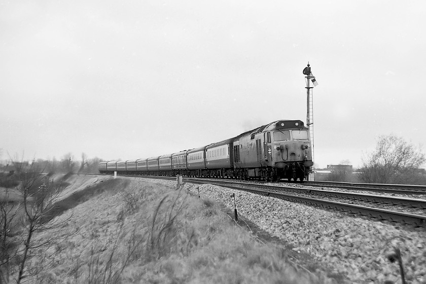 50023, unidentified up working, Heywood Road 
 50023 'Howe' sweeps around the Westbury cut-off as it approaches Heywood Road Junction with an unidentified up service. Unfortunately, I have not quite positioned the train in the picture quiet as I would have wanted. The picture should have been taken a second earlier just before it passed the up home signal post. 50023 made it into preservation but unfortunately has since been stripped and was then scrapped in 2004. 
 Keywords: 50023 up working Heywood Road