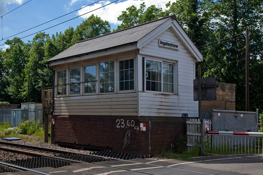 Ingatestone signal box (GE, 1907) 
 Ingatestone box is located south west of the station just next to the level crossing. It was erected by the Great Eastern Railway in 1907 to control the signalling but has now be downgraded to a crossing box with a mini-panel in October 1996. Despite it being modernised, it's nice to see that it still has a traditional name baord. 
 Keywords: Ingatestone signal box