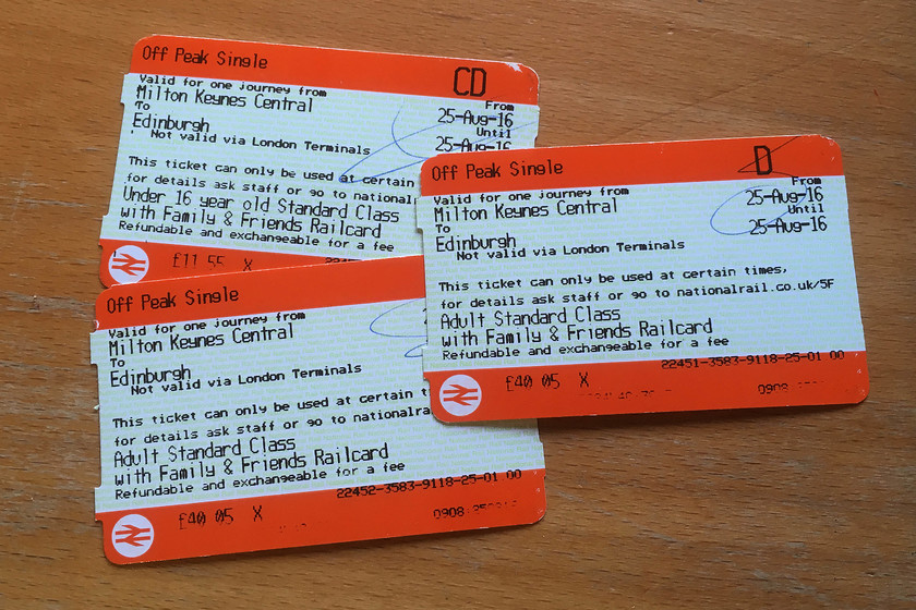 Tickets, Milton Keynes Central-Edinburgh 
 Our tickets for the journey from Milton Keynes to Edinburgh, by splitting the tickets a reasonable fare of just over 90 was achieved for the three of us. 
 Keywords: Tickets Milton Keynes Central-Edinburgh